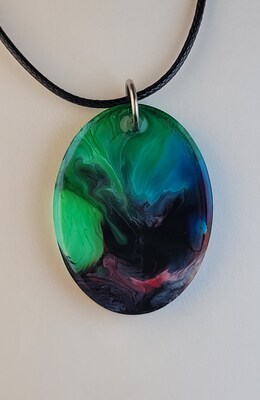 Handmade Black, Green, Blue, and Red Oval Pendant Necklace or Keychain - image1